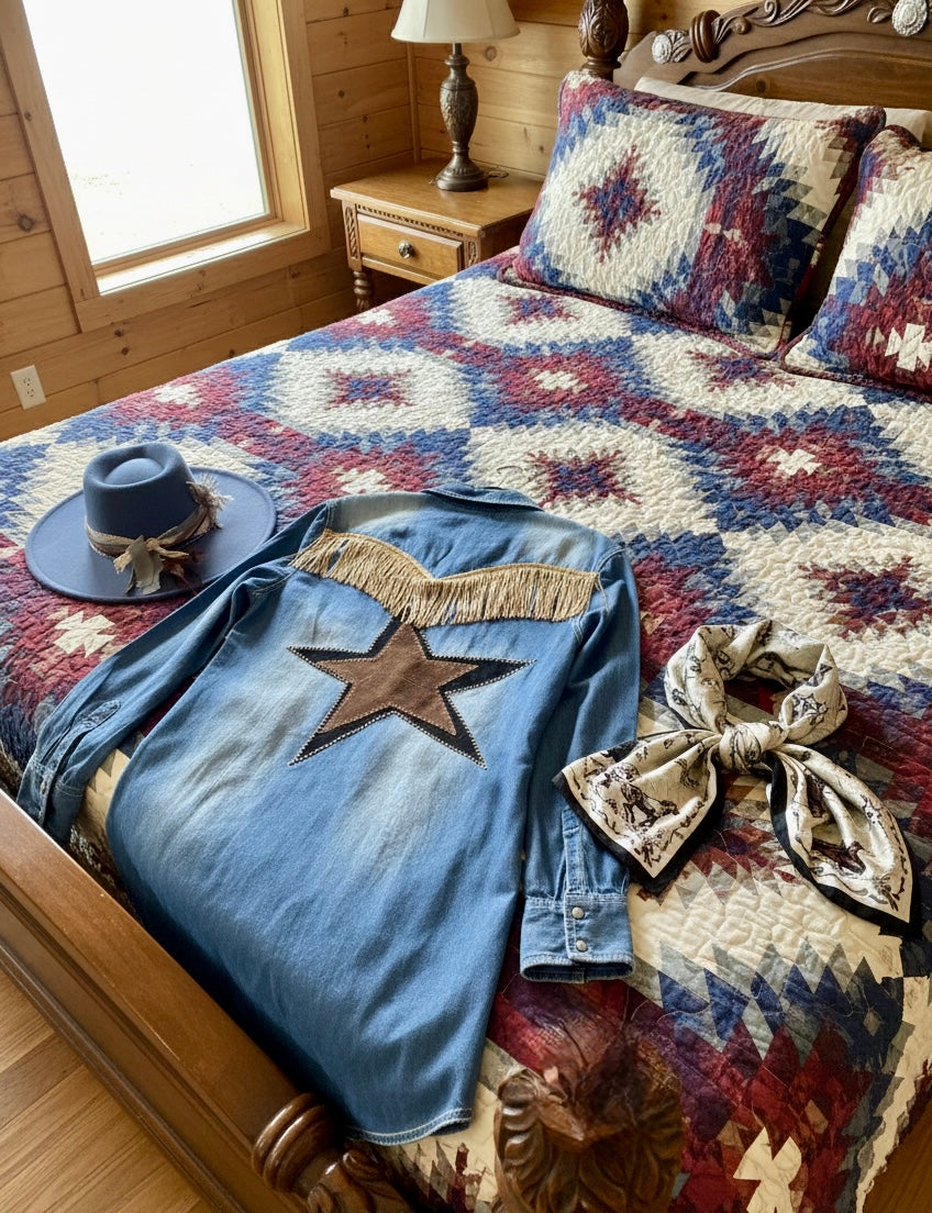 Bed with patterned bedding, denim jacket with star patch, and decorative items in a wooden room.