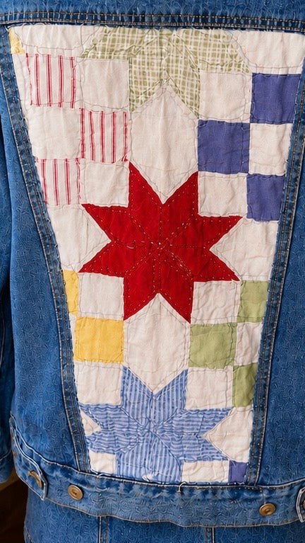 Upcycled Denim Jacket, Vintage Quilt Patchwork Jean Jacket, Boho Western Jacket, Men’s Small – Grace