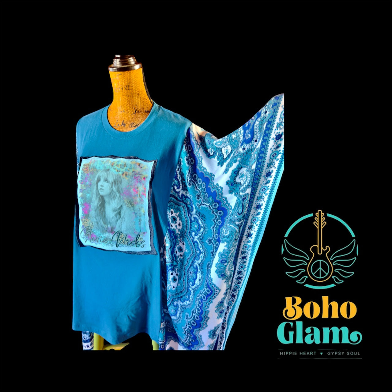 Blue dress on a body form , showing the sleeve