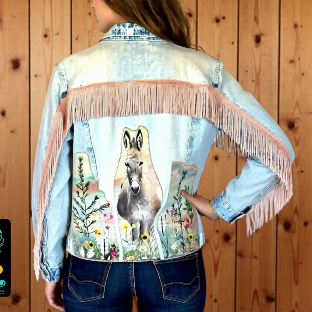 Person wearing a denim jacket with a kangaroo design and fringes, standing against a wooden panel background.