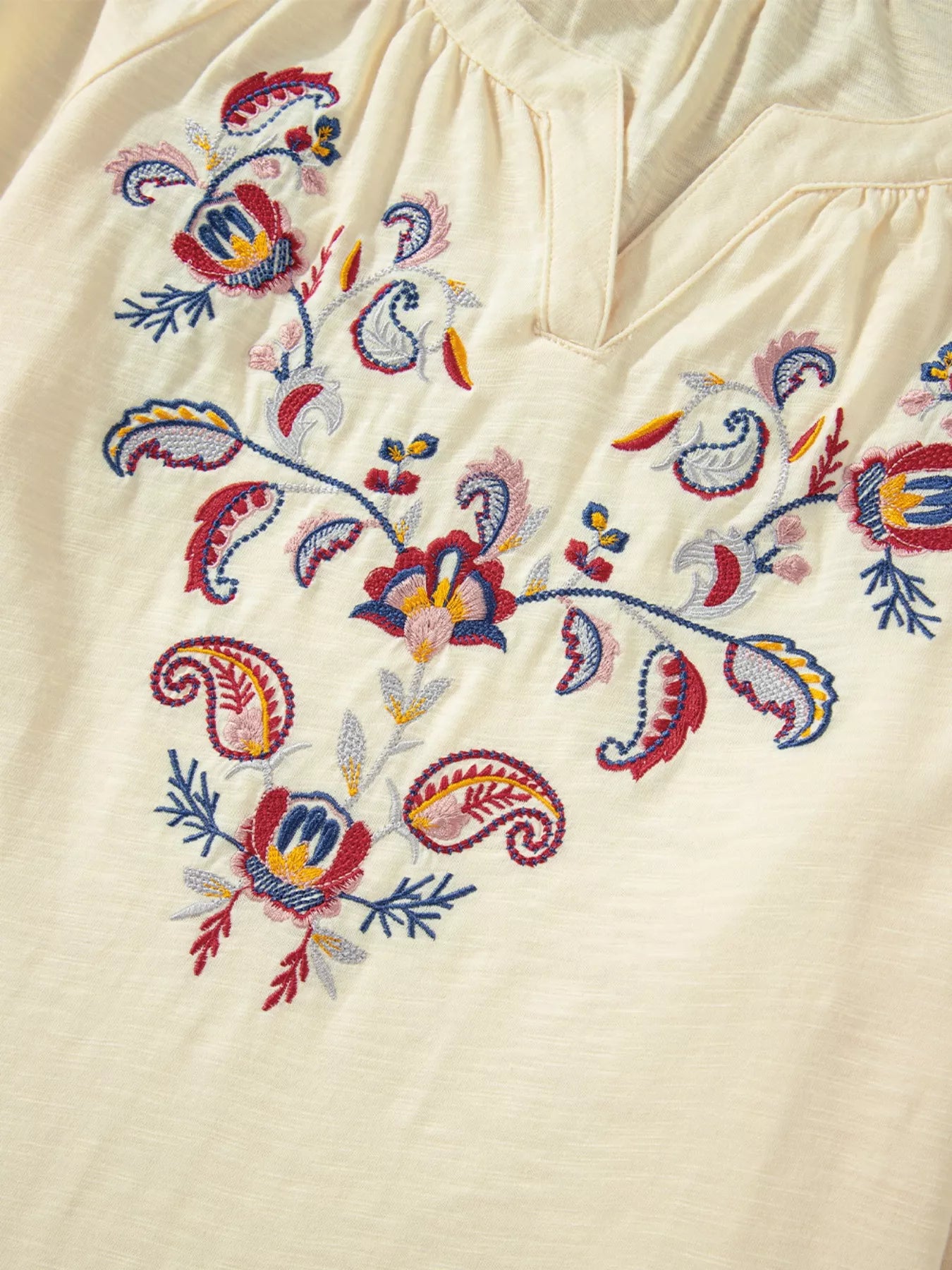 Close-up of a cream-colored garment with colorful floral embroidery