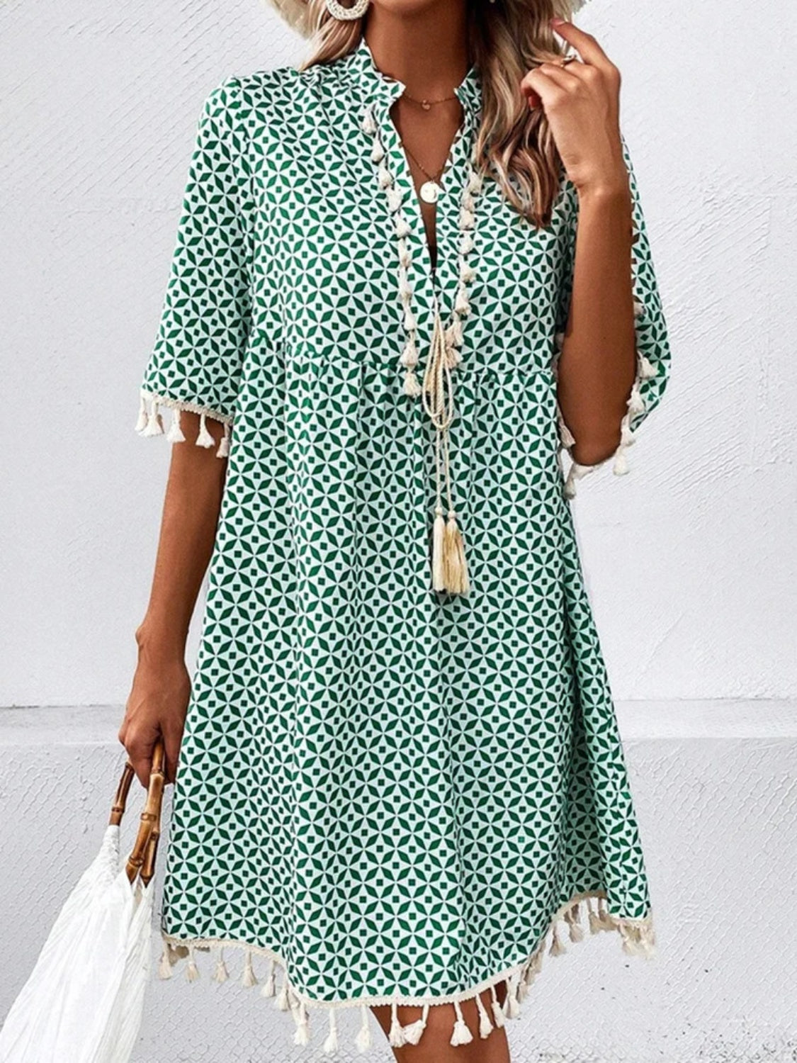 Tassel Printed Notched Half Sleeve Mini Dress Boho Glam Tassel Printed Notched Half Sleeve Mini Dress Boho Glam