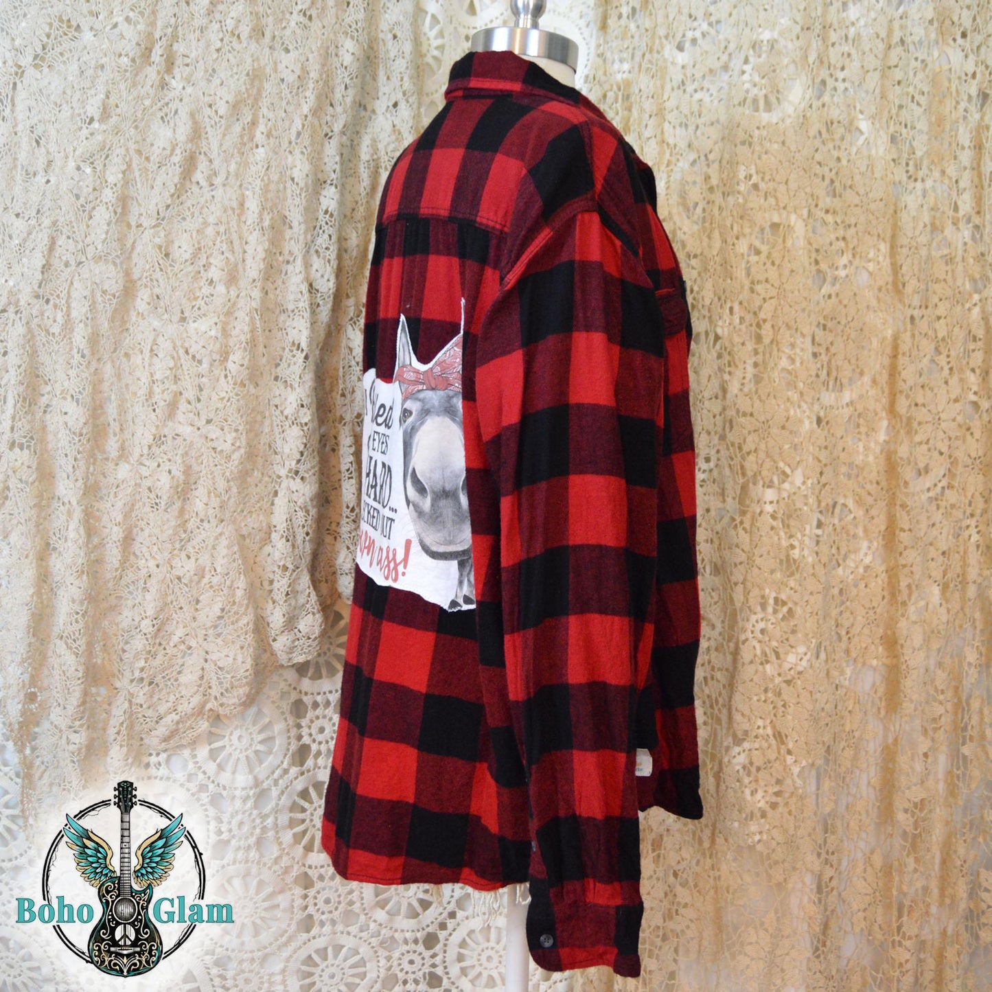 Upcycled Funny Donkey Flannel Shirt- Red Buffalo Plaid Boho - I Rolled My Eyes So Hard Graphic Applique - Men's Size XL Handcrafted Shirt
