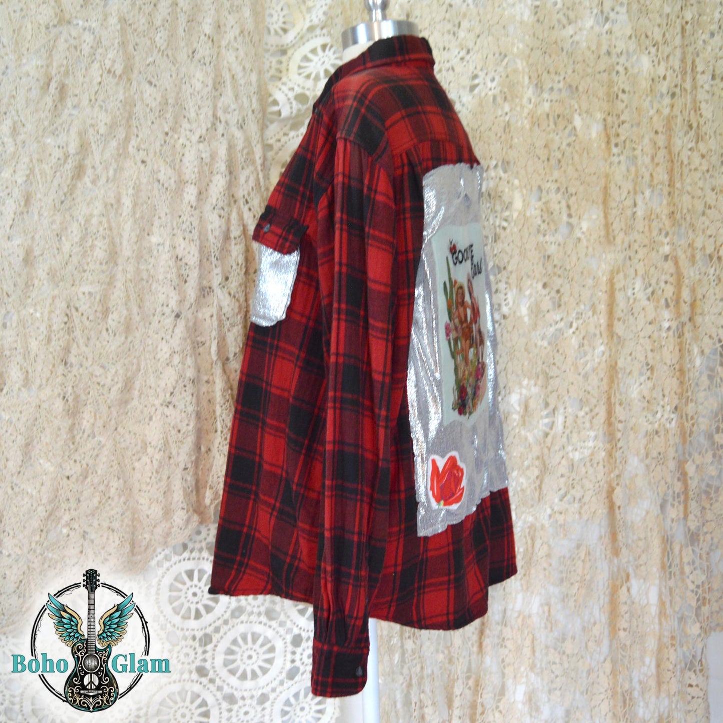 Goodbye Earl Flannel - Men's Size L Red Plaid Shirt with Silver Metallic Accents - Custom - Western Boho Top