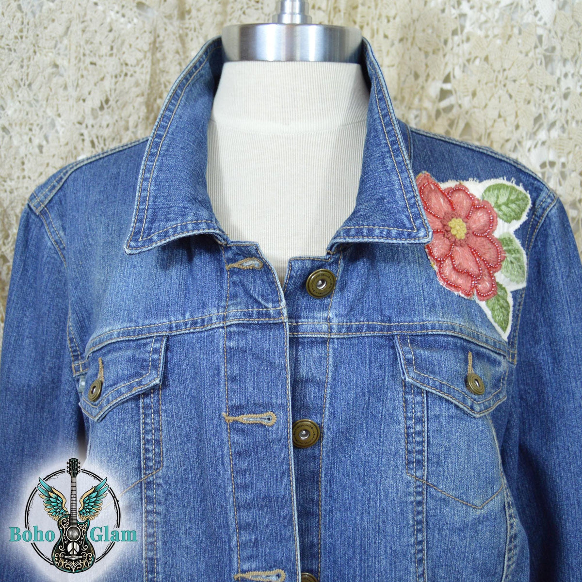 Embroidered Floral Denim Jacket, XL, Upcycled Boho Jean Jacket, Statement Back