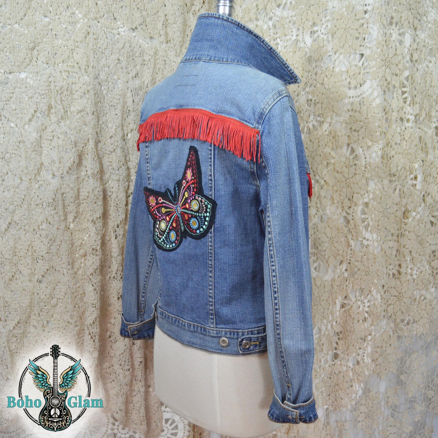 Butterfly Fringe Denim Jacket L, Upcycled Boho Western Jean Jacket