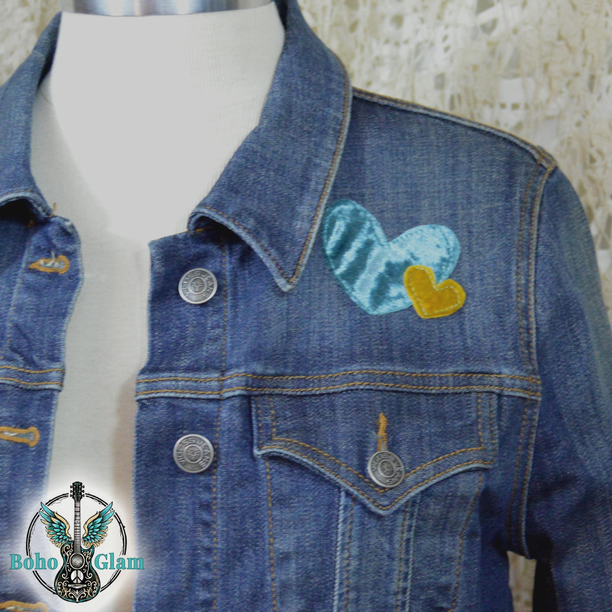 Upcycled Love Jesus Denim Jacket Medium, Sacred Heart Fringe Boho