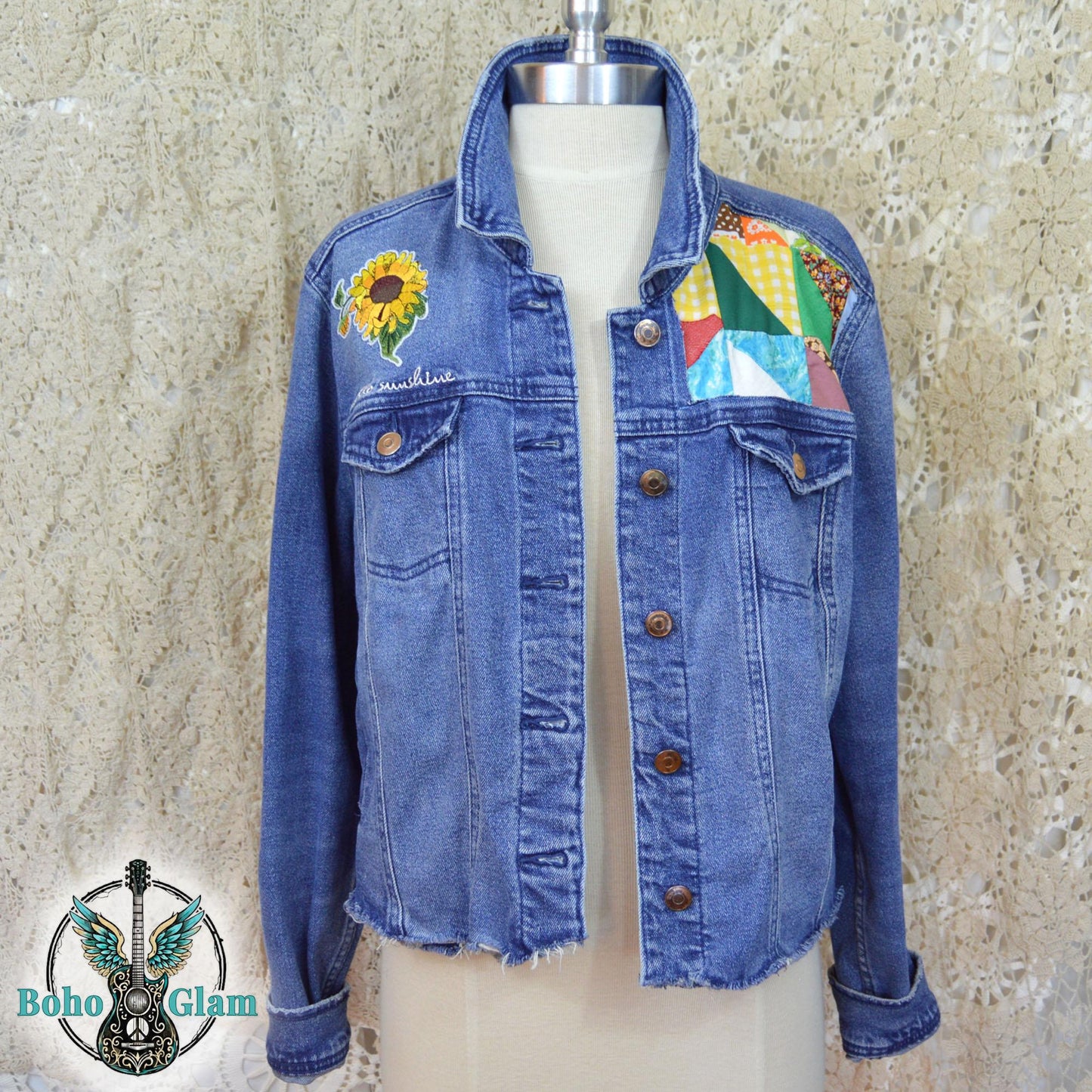Upcycled Denim Jacket, Sunshine Patchwork, Boho Festival Jean Jacket, XXL