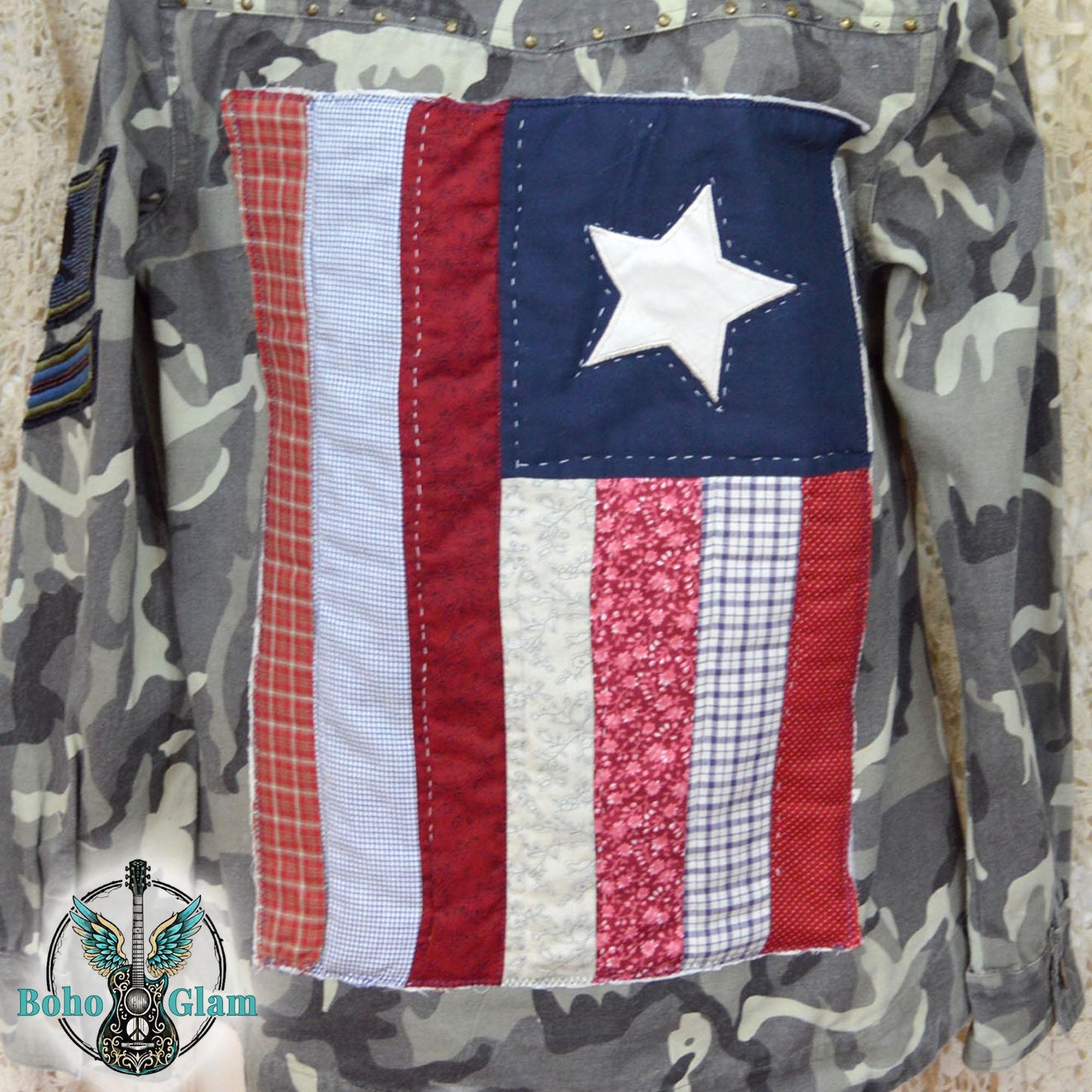 Upcycled Camo Jacket, Quilted American Flag Appliqué, Boho Military Style, Stars & Stories