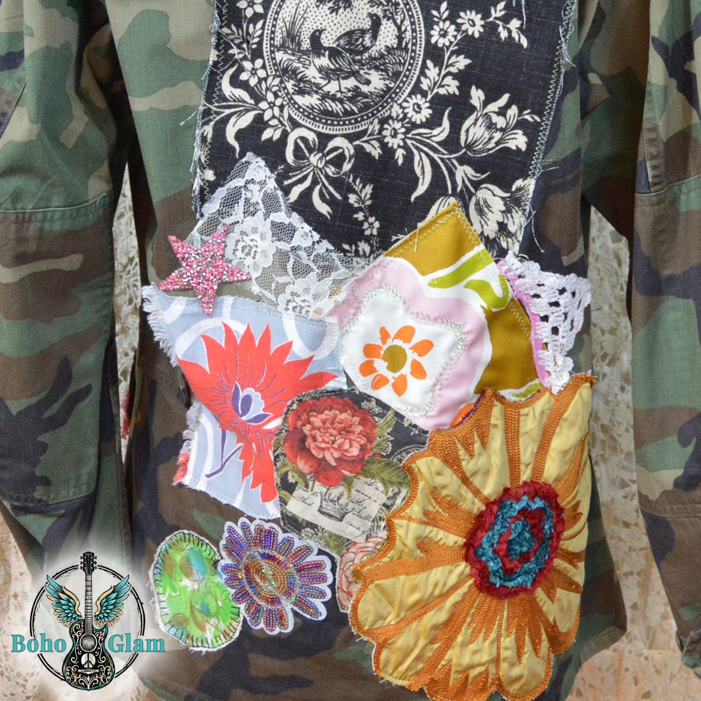 Camo Patchwork Jacket, Upcycled, Boho Floral Applique, Military Wearable Art