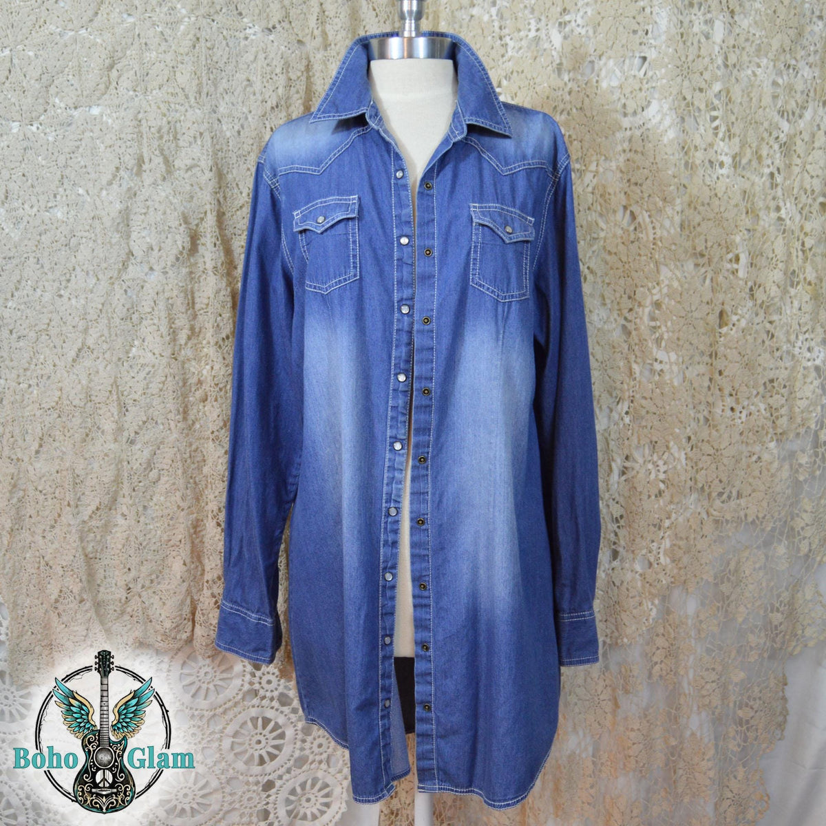Upcycled Denim Duster Dress, Western Fringe Pearl Snap, Boho Cowgirl Jacket (Large)