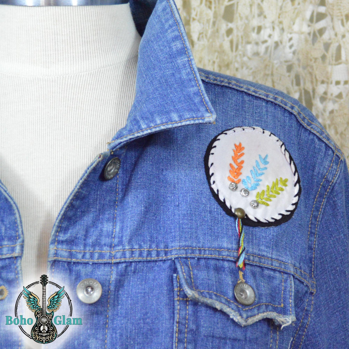 Fringe Headdress Denim Jacket Medium Petite, Upcycled Boho Western Jean Jacket