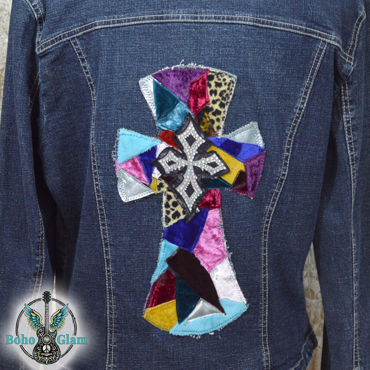 Upcycled Cross Denim Jacket Medium – Patchwork Velvet Cross, Boho Western