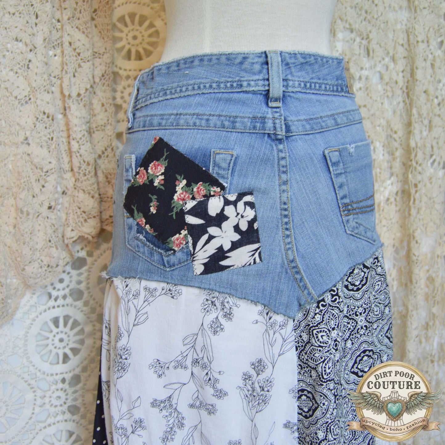 Black and White Scrappy Patchwork Skirt, Rose Applique, One-of-a-Kind, Boho, Hi Low Skirt, Made to Order Size 4 to Plus