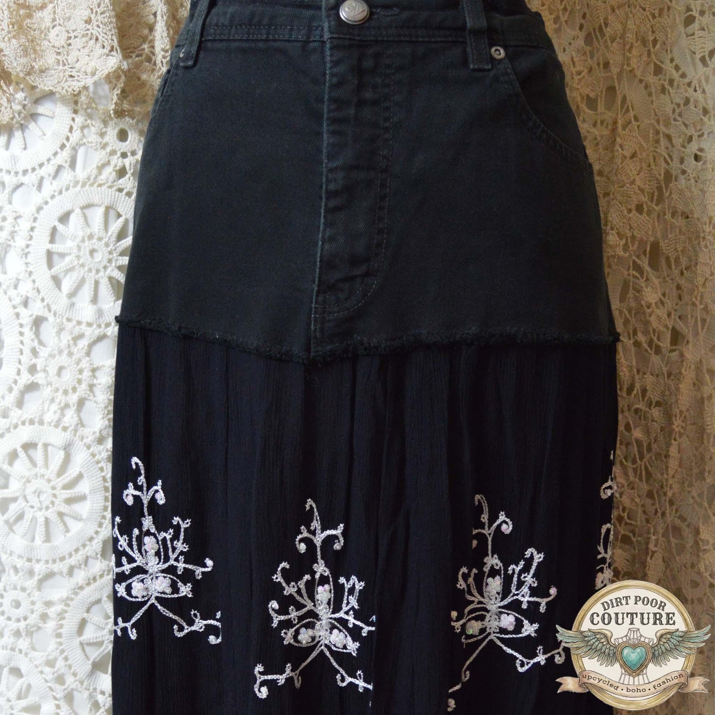 Upcycled Boho Black Skirt, Embroidered, Handkerchief Hem, Size 12, OOAK, Evangeline