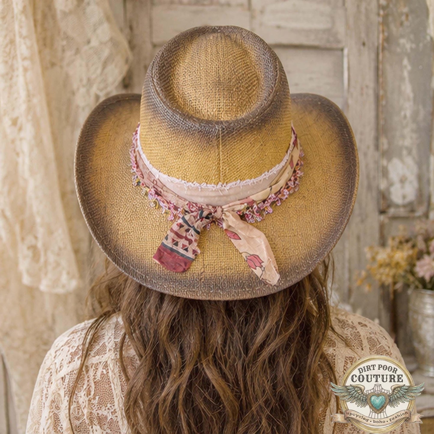 Boho Straw Cowgirl Hat, One of a Kind Western Hat, Floral Sari Silk Hat, Artisan Festival Hat, Georgia