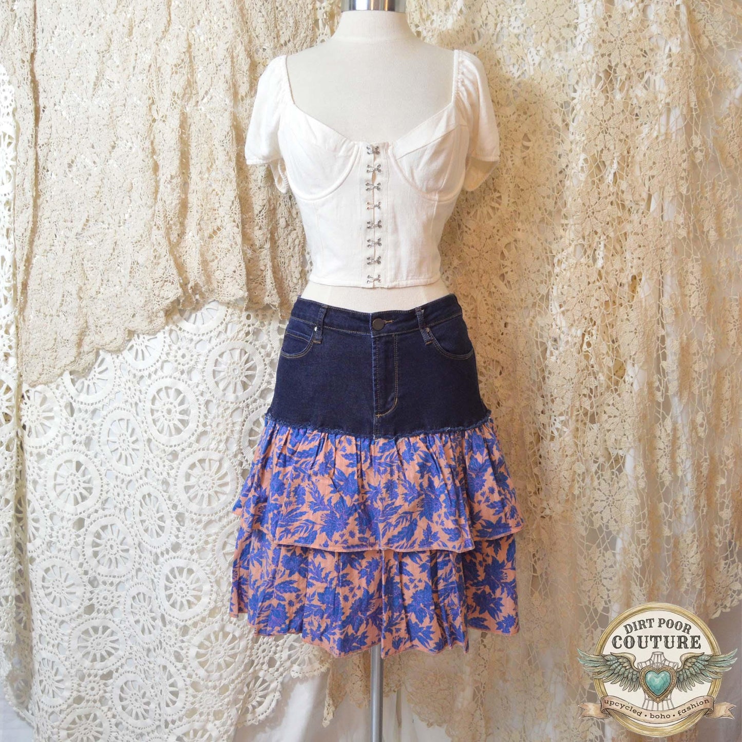 Boho Denim Skirt, Upcycled Jeans, Tiered Floral Cotton, Cottagecore, Size 30, OOAK, Savannah