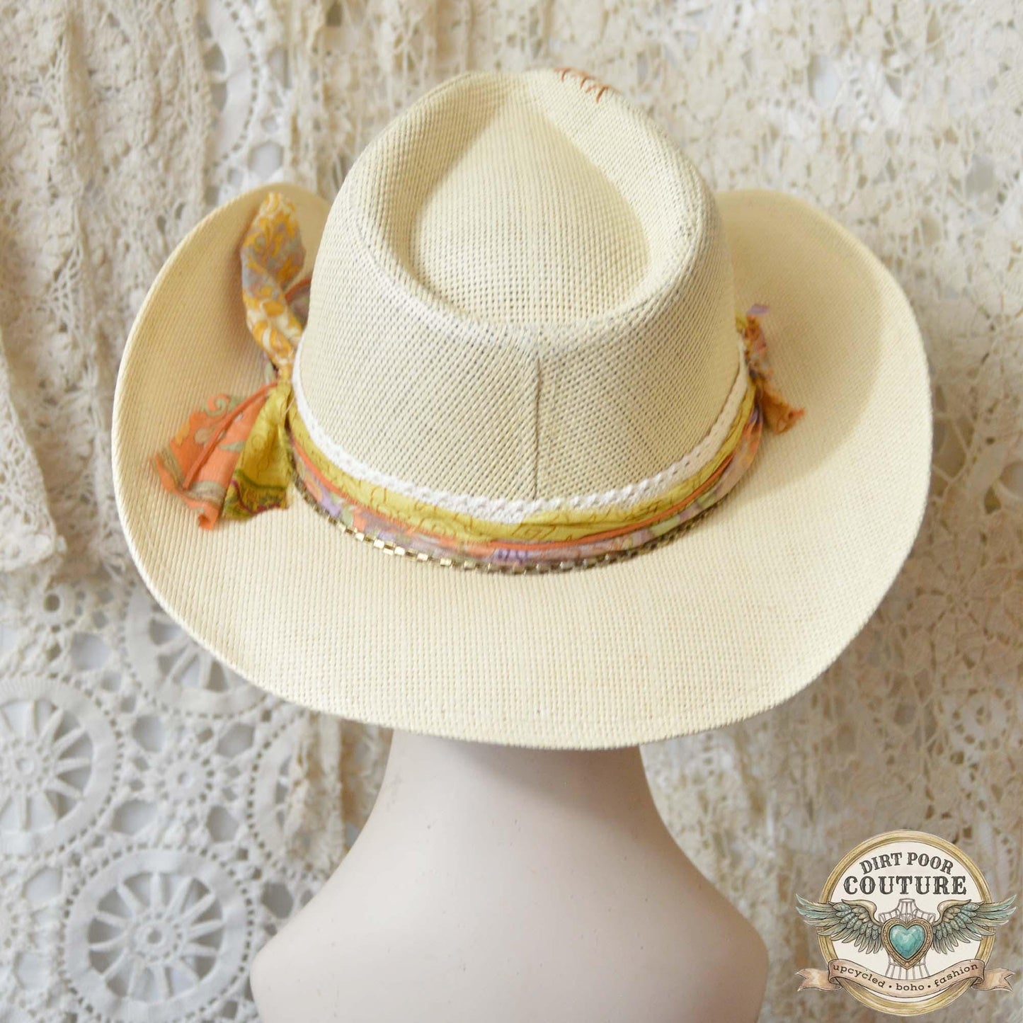 Distressed Boho Cowboy Hat, One of a Kind, Sari Silk Trimmed Hat, Romantic Western, Festival Hat, Adjustable Fit, Amelia