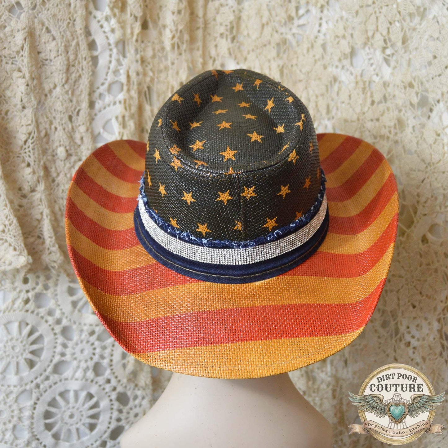 Distressed Americana Cowgirl Hat, One of a Kind, Western Hat, Rhinestone Star, Festival Hat, OOAK, Betsey