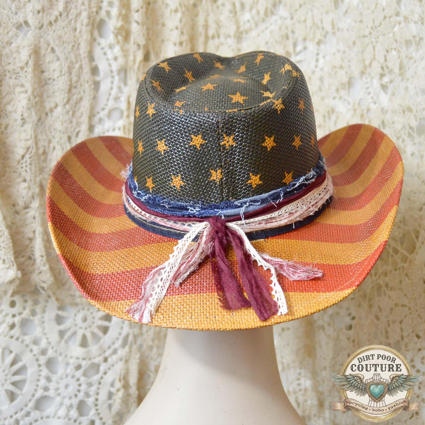 Distressed, Patriotic Boho Cowgirl Hat, One of a Kind Western Hat, Vintage Sari Silk Hat, Romantic Rebel Style, Eleanor