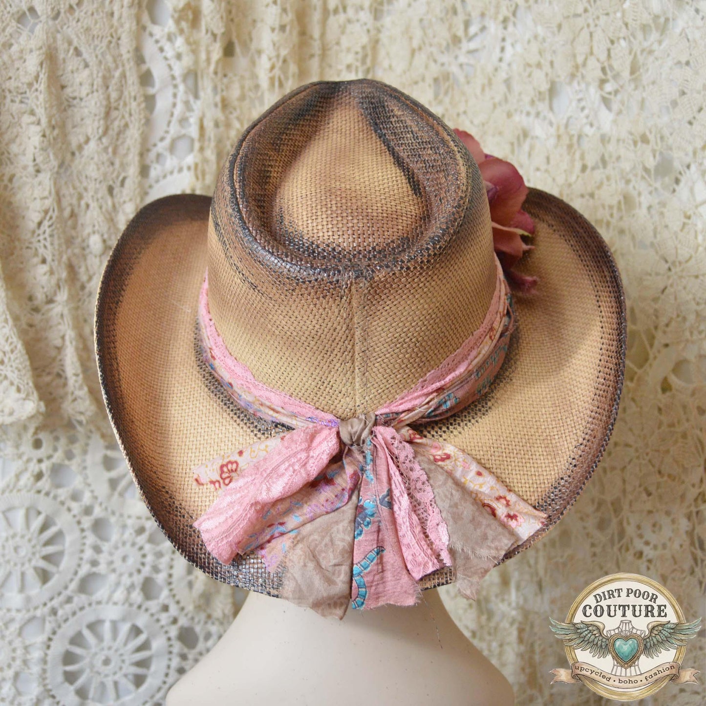 Pink Rose Cowboy Hat, Romantic, One of a Kind Western Hat, Vintage Sari Silk Hat, Distressed Floral Cowboy Hat, Rosalie