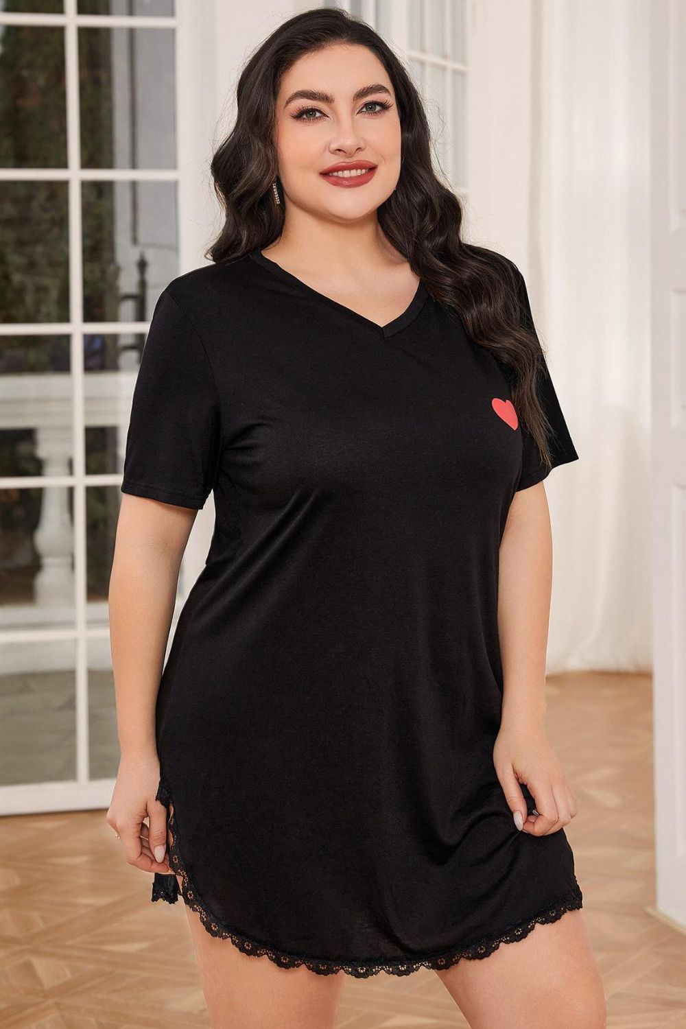 Plus Size Lace Trim V-Neck Short Sleeve Night Dress Plus Size Lace Trim V-Neck Short Sleeve Night Dress