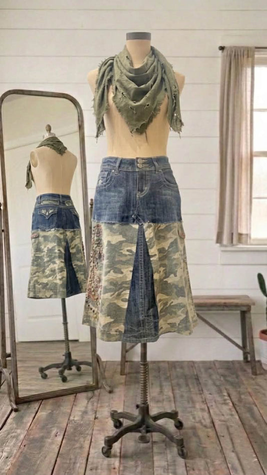 Denim and Camo Skirt, Upcycled, Embellished Rhinestone, Stud Detail, Size 9, One of a Kind, Dark Wash Jean Skirt