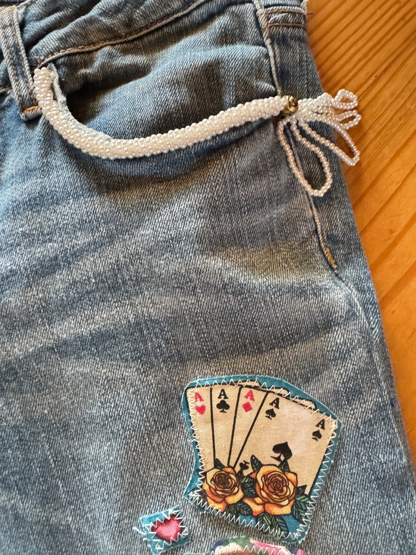 Patched & Pearl-Trimmed Denim Jeans – Size 8
