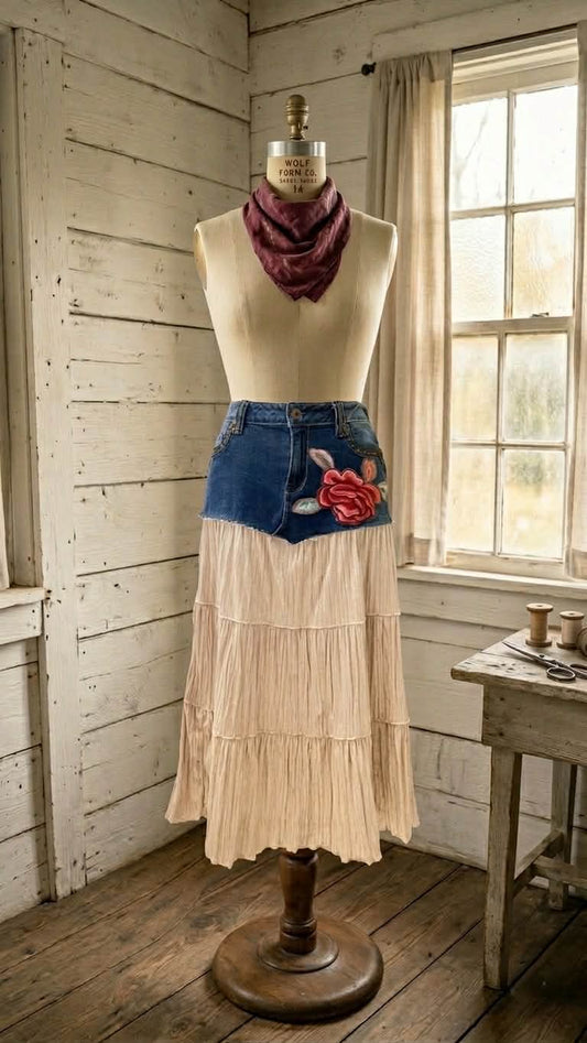 Denim Velvet Embroidered Skirt, Studded Boho Upcycled Skirt with Sequin, Peony Embroidery, Size 10, Reba Jean Crushed Velvet tiered Skirt