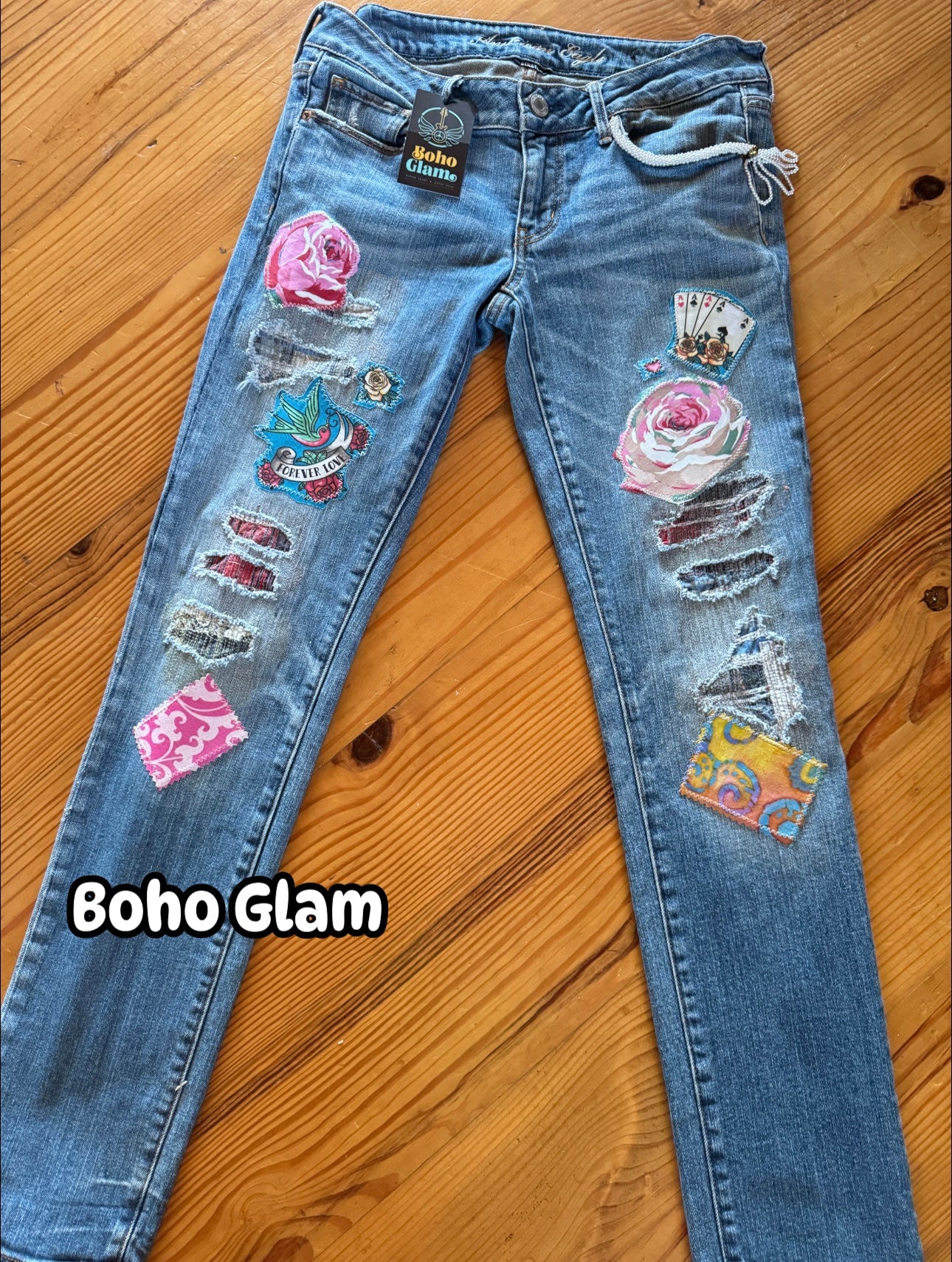 Patched & Pearl-Trimmed Denim Jeans – Size 8