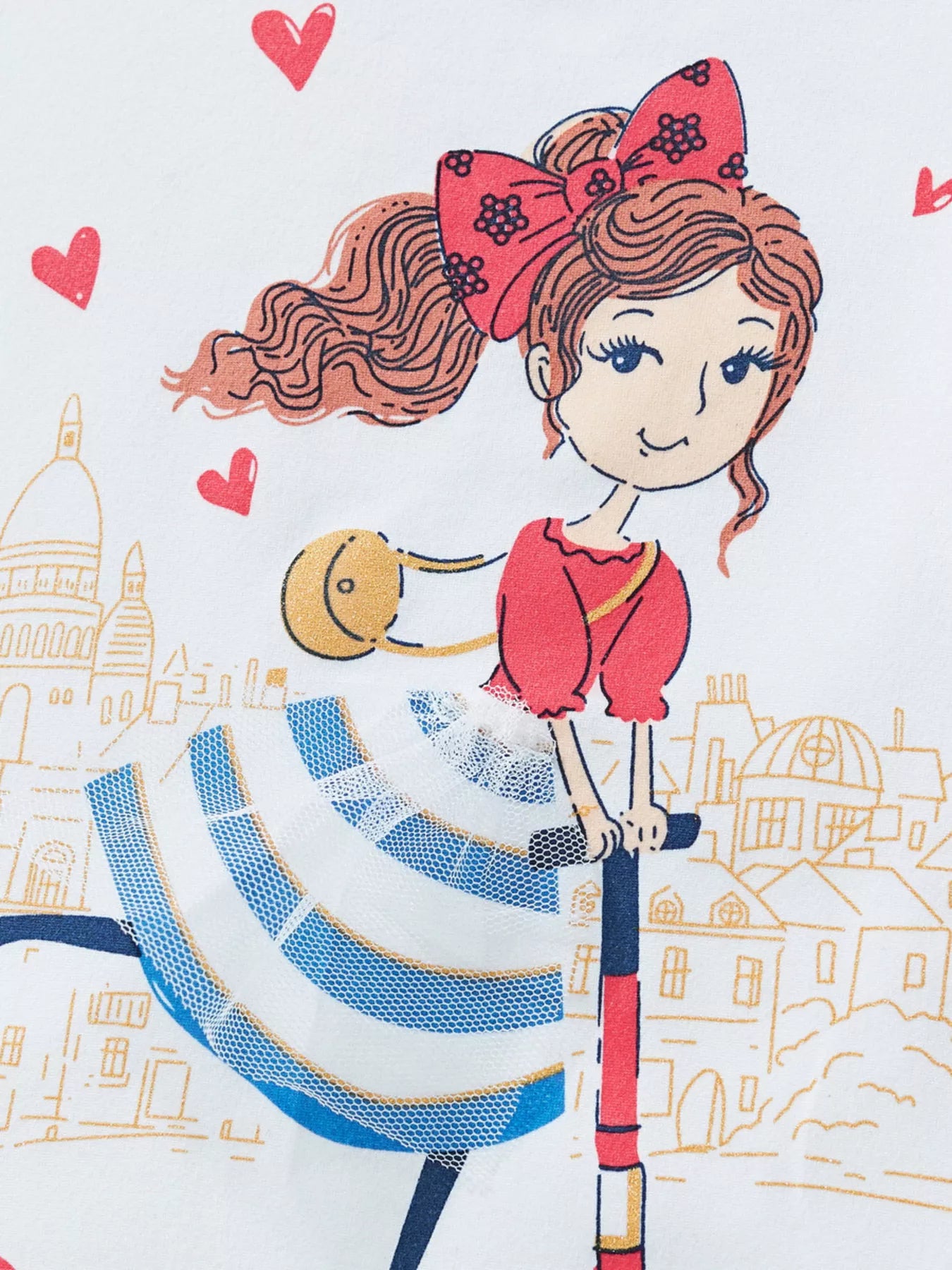 Illustration of a girl with a red bow, striped dress, and umbrella against a cityscape background.