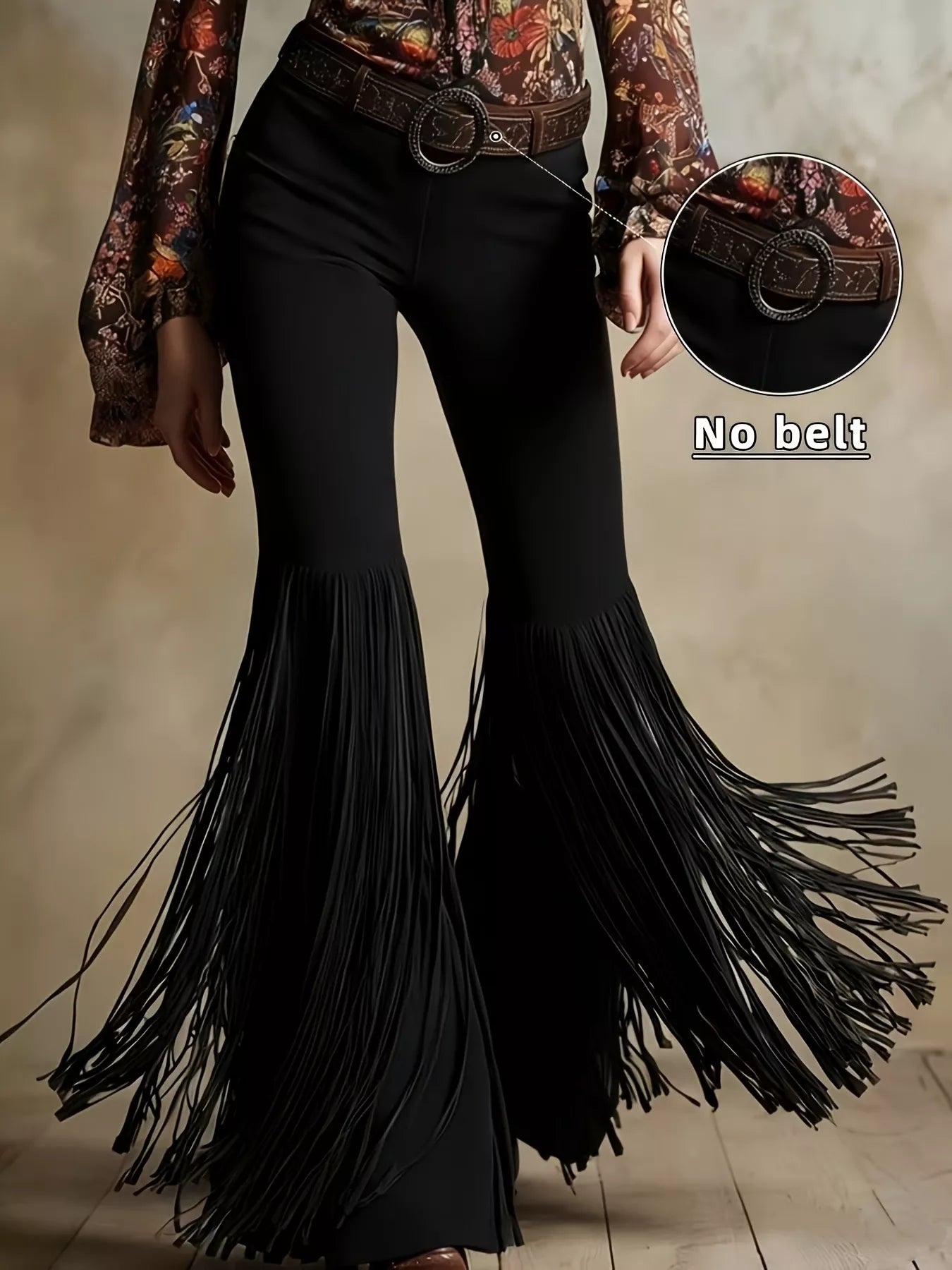Black fringed pants with a belt and without a belt on a neutral background