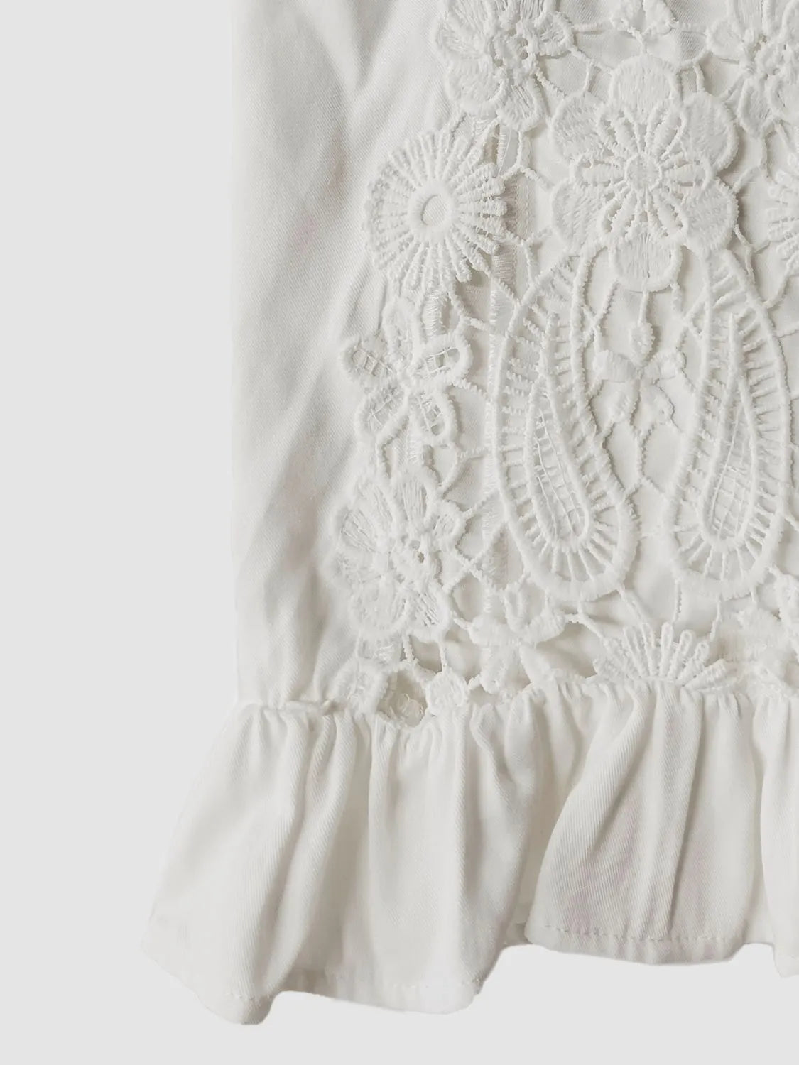 Close-up of a white lace garment on a light gray background