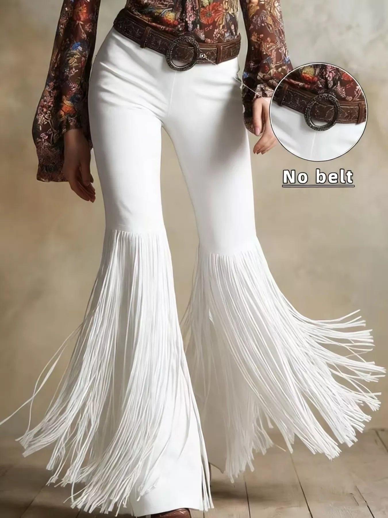 White flared pants with a belt and an inset showing 'No belt' option.