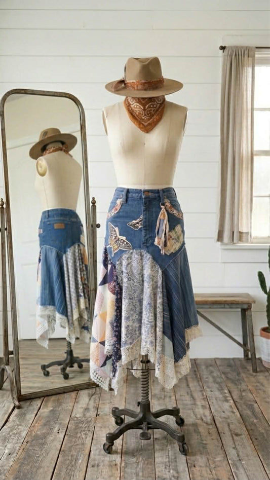 Denim Butterfly Scrappy Skirt, Size 9, Upcycled, Custom Patchwork, Handkerchief Boho Skirt, Jeans, Vintage, Lace