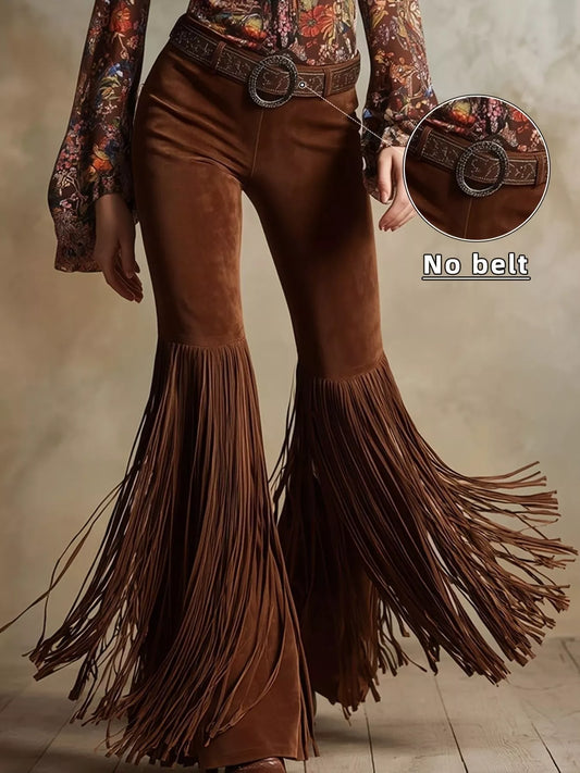 Brown fringed pants with a belt (not included) and a close-up of the belt buckle on a neutral background.