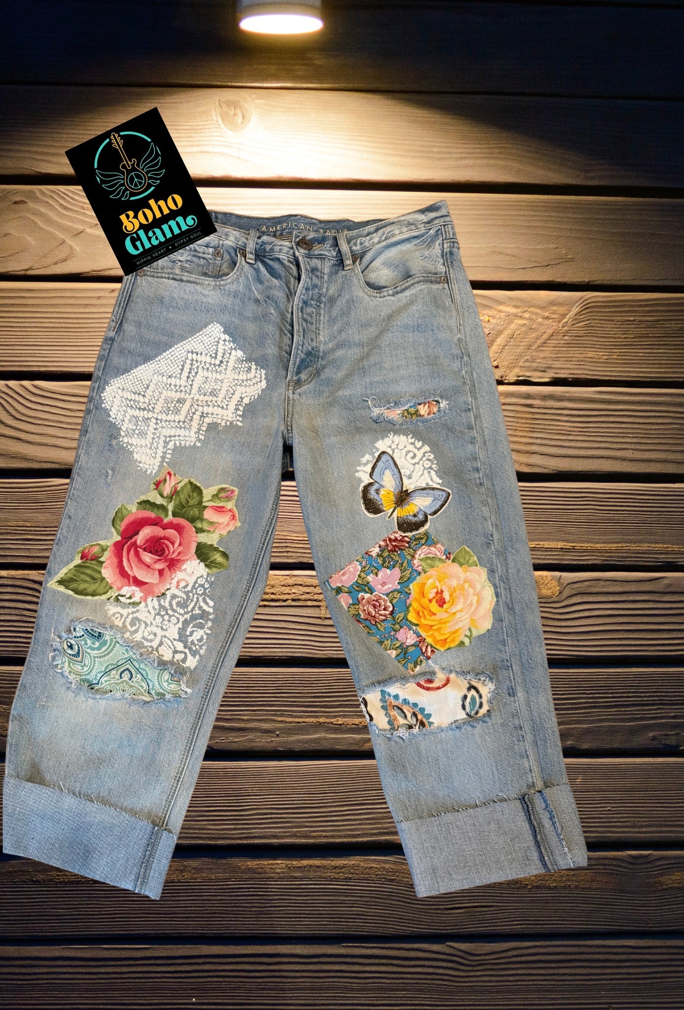 Lace-Stenciled Boho Capris with Appliquéd Roses & Peekaboo Patches