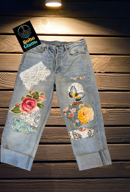 Lace-Stenciled Boho Capris with Appliquéd Roses & Peekaboo Patches