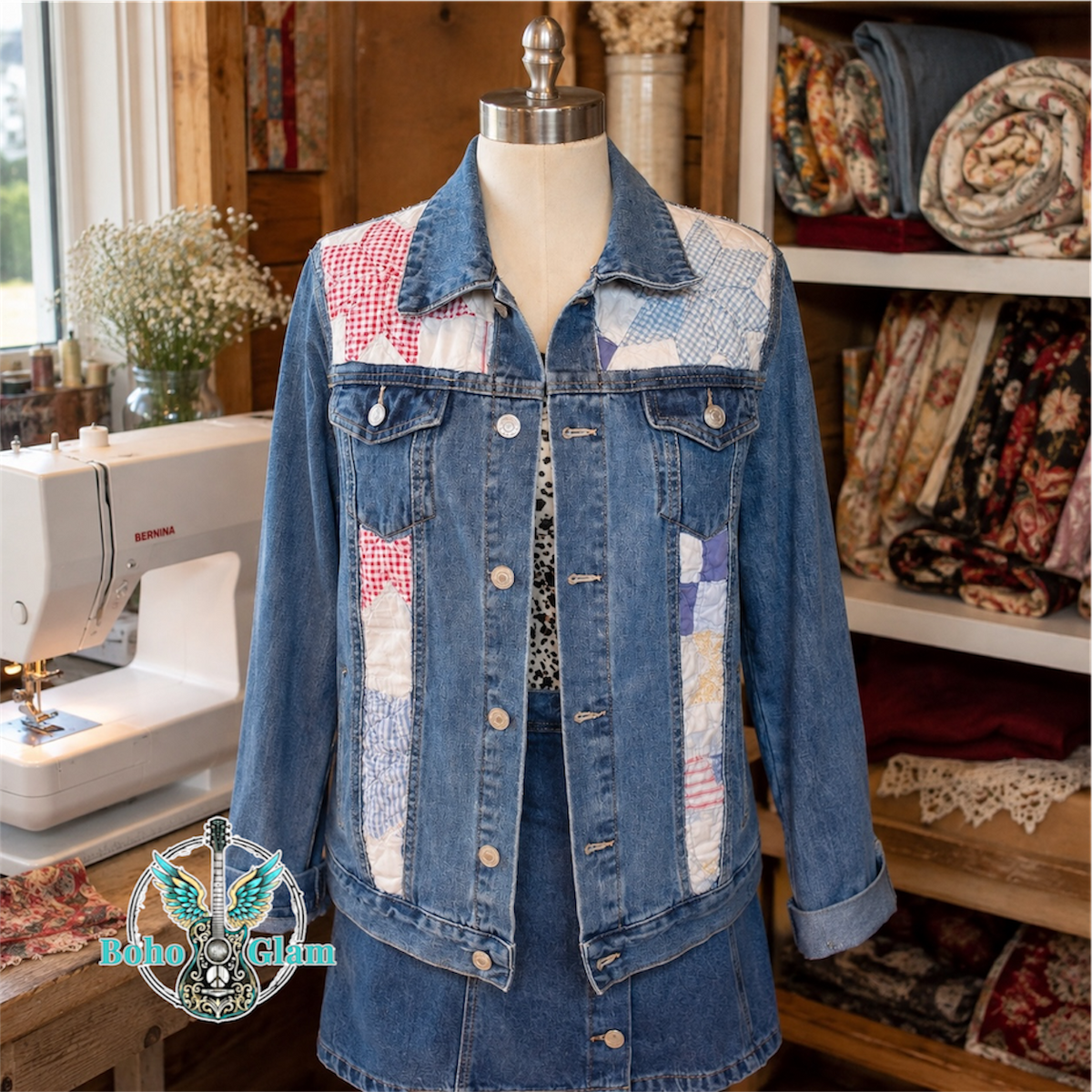 Denim Jacket with quilt pieces inserted