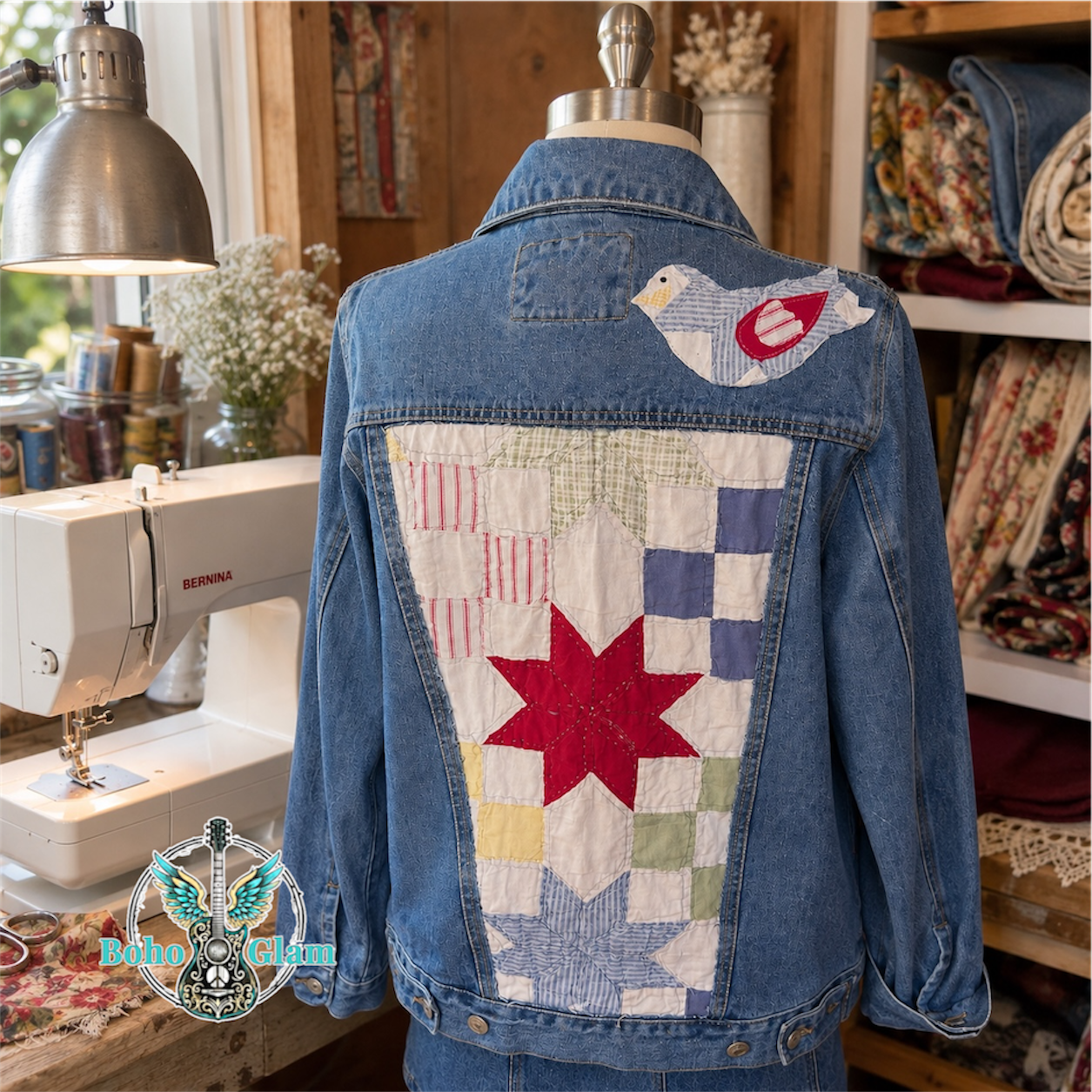 Back of denim jacket with a piece of quilt showing stars