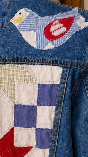 Close up of quilted bird back of denim jacket