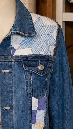 Upcycled Denim Jacket, Vintage Quilt Patchwork Jean Jacket, Boho Western Jacket, Men’s Small – Grace