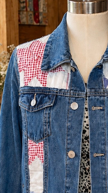 Upcycled Denim Jacket, Vintage Quilt Patchwork Jean Jacket, Boho Western Jacket, Men’s Small – Grace