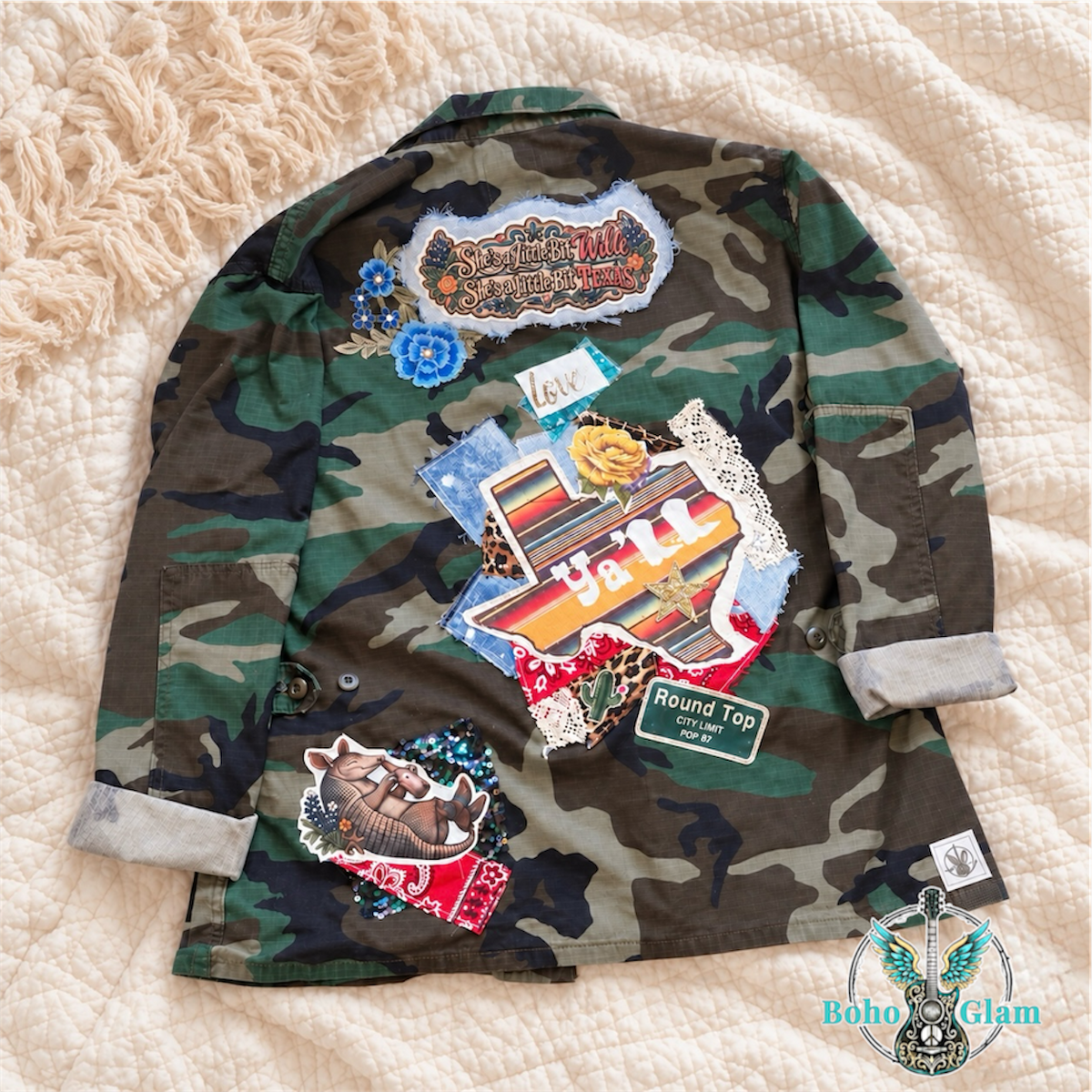 Upcycled Camo Patchwork Army Jacket – Wild Heart Texas Soul | Boho Glam