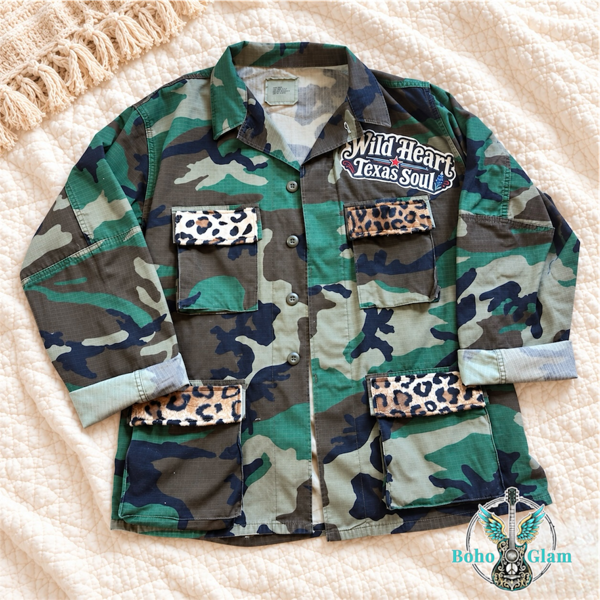 Upcycled Camo Patchwork Army Jacket – Wild Heart Texas Soul | Boho Glam