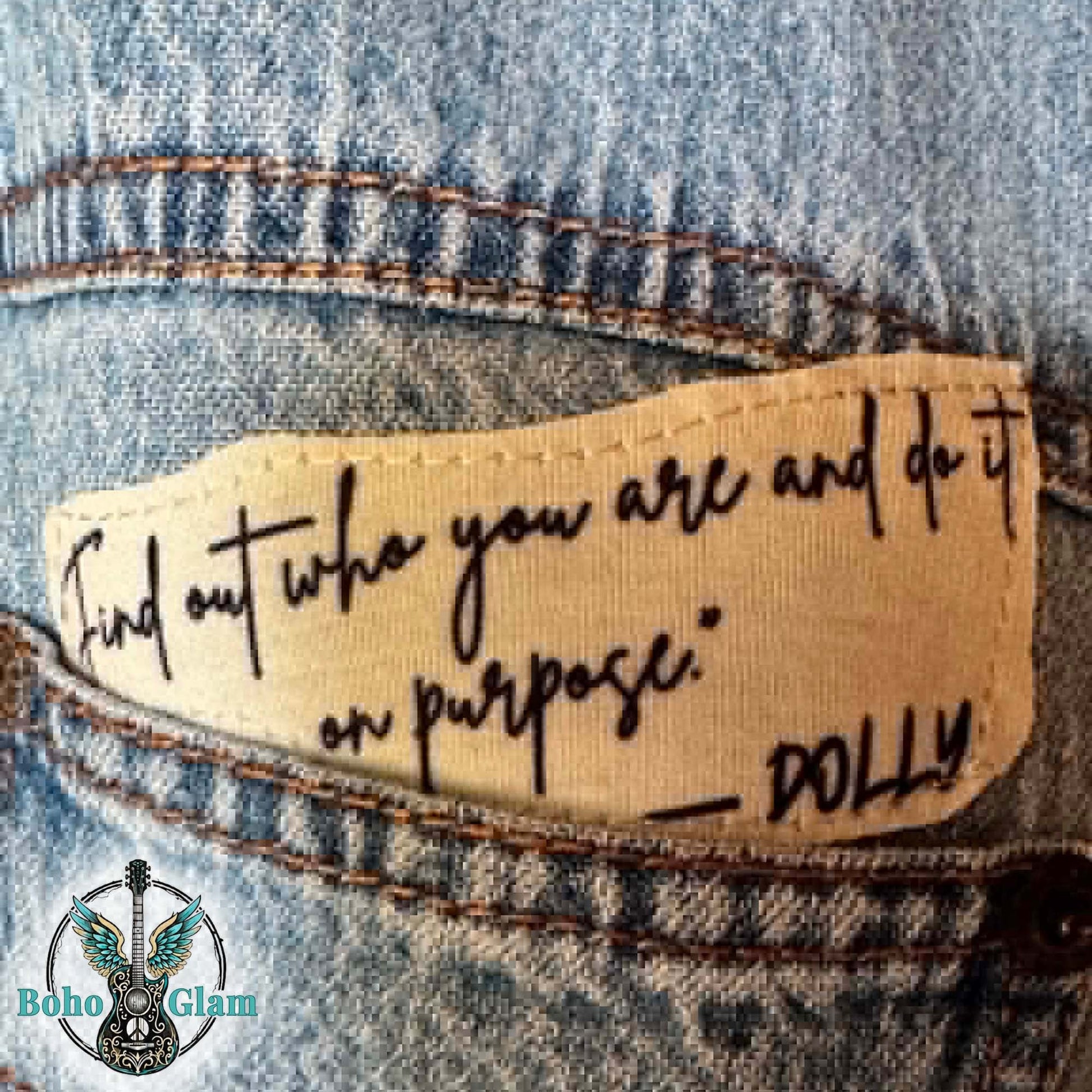 Denim fabric with a motivational quote label and 'Boho Glam' logo.