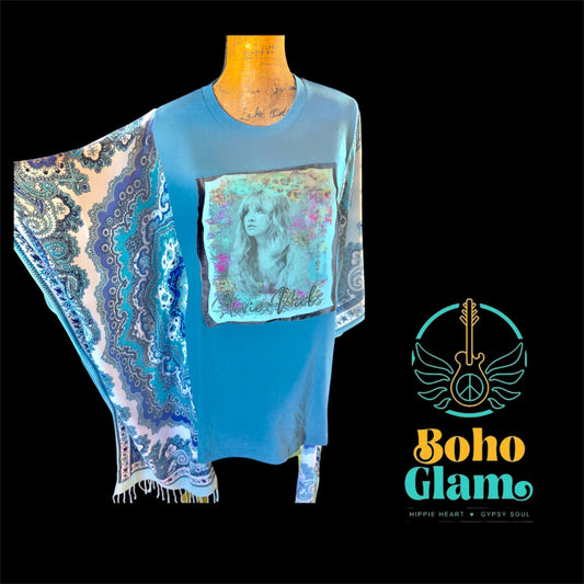 Blue dress with a patterned shawl on a mannequin, featuring the 'Boho Glam' brand logo.