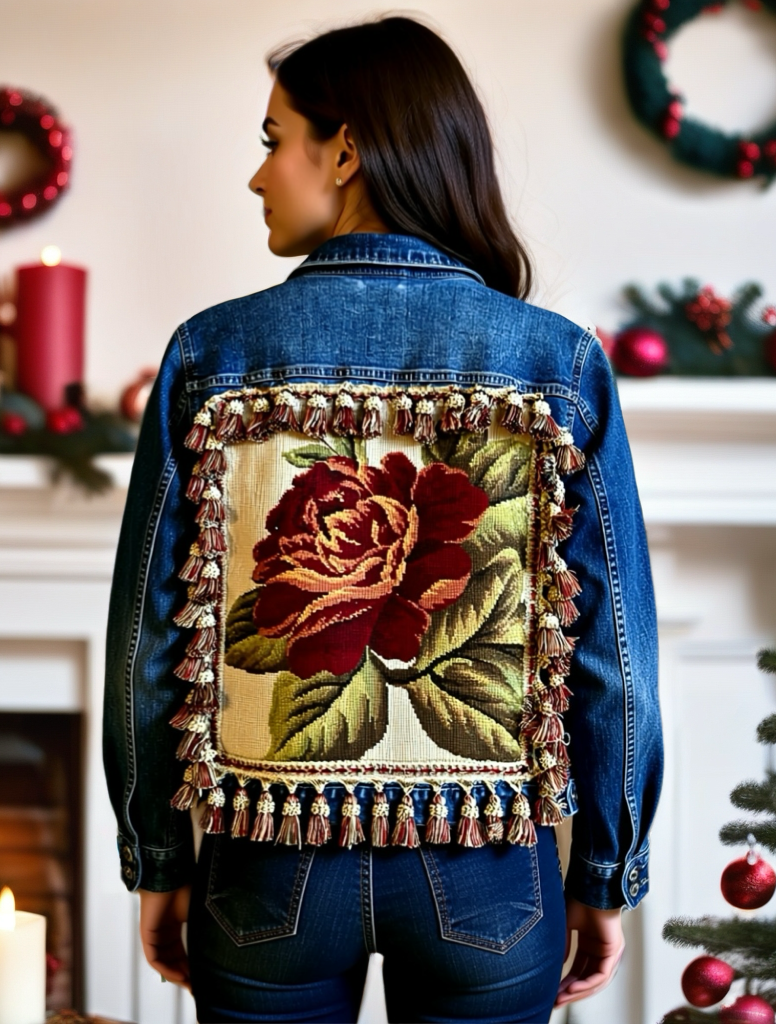 Woman wearing a denim jacket with floral embroidery and tassels in a festive indoor setting.