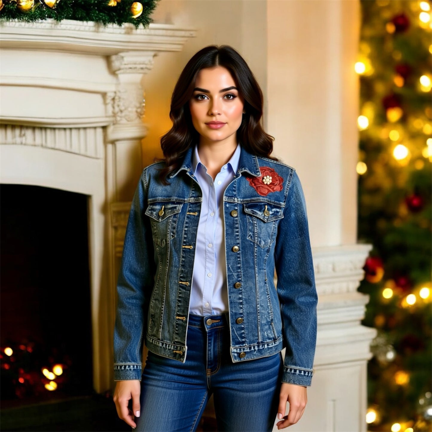 Woman wearing a denim jacket with a decorative flower in front of a fireplace and Christmas tree.