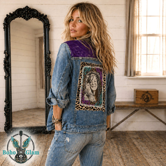 Woman wearing a denim jacket with a patch in a rustic room